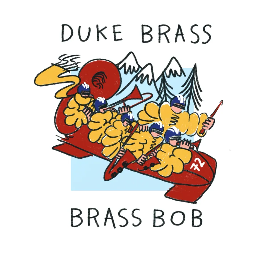 Albumcover Brass Bob von Duke Brass mit der Band in einem roten Bob vor Bergen