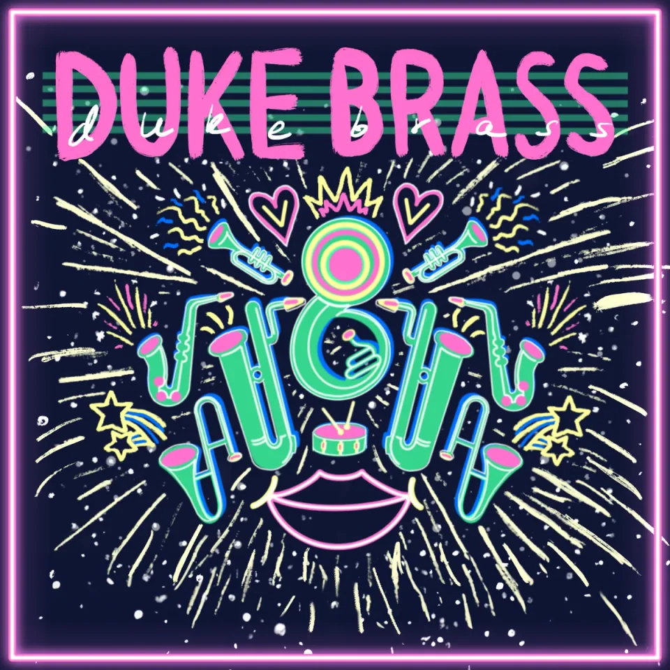 Albumcover Overduke von Duke Brass mit neonfarbenen Blasinstrumenten auf dunklem Hintergrund